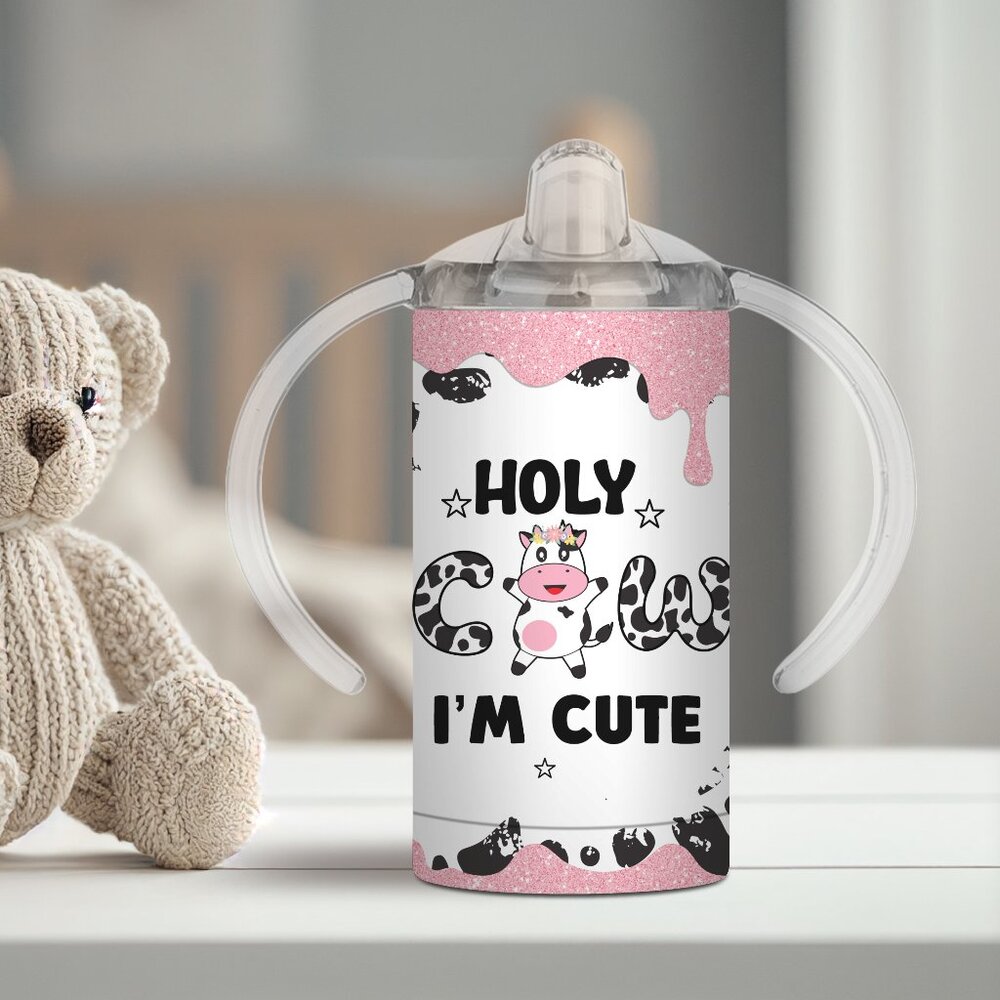 Pink Kids Sippy Cup With 2 Lids, Holy Cow I'm Cute